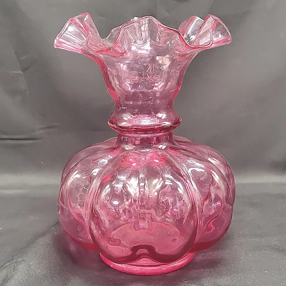 Fenton Cranberry Double Optic Crimped Vase
